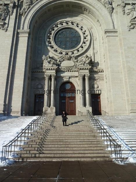 Marita, Project Manager of Agrell Architectural Carving,  outside the Cathedral of Saint Paul, Minnesota