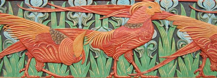 Agrell Carving: Art Nouveau golden pheasants. Design by Verneuil circa 1890.